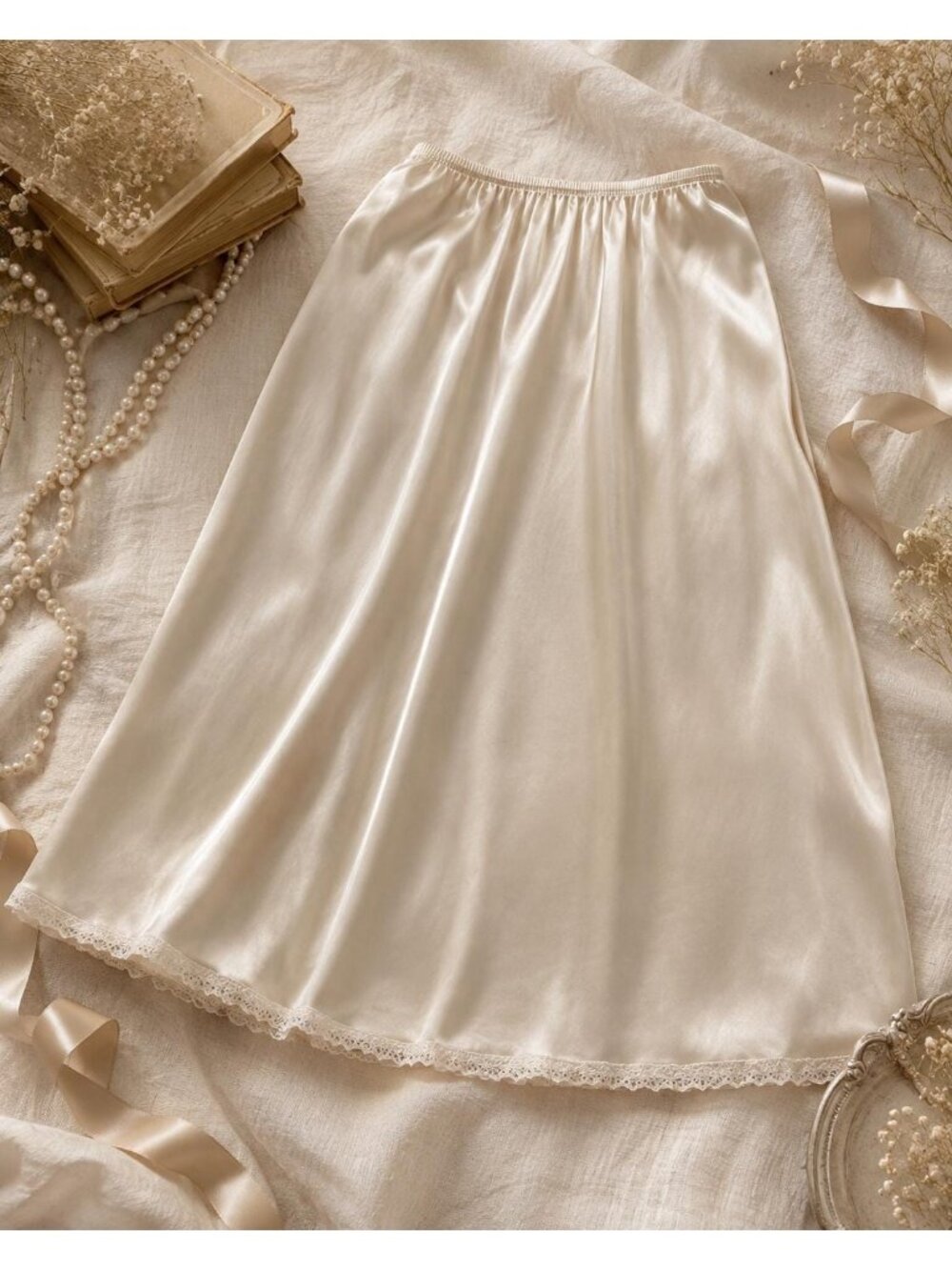 Vintage Champagne Beige Half Slip | Lace Hem USA Made Small | Satin Nylon Slip S